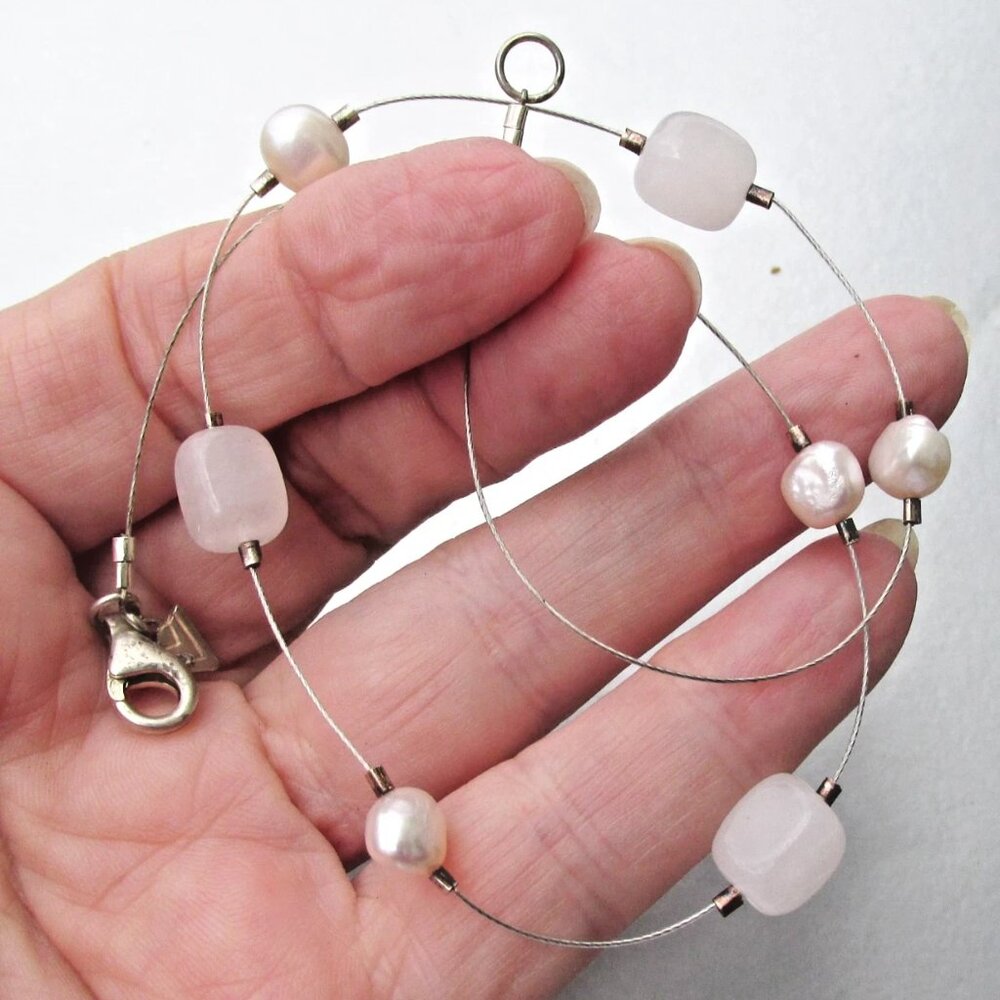 Signed Retired SILPADA Sterling Silver Rose Quartz Pearl Station Necklace N1724